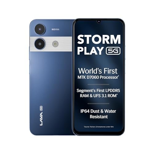 Lava Storm Play 5G (Frosty Blue, 8+8*GB RAM, 256 GB Storage)|India's First MT D7060 Processor with 525k Antutu |50 MP AI Camera | 6.75" HD+ Display (120 Hz) | 5000 mAh Battery |IP64 Dust & Water Proof