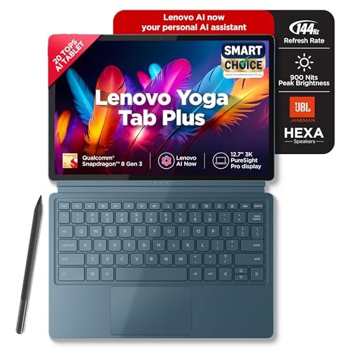 Lenovo Yoga Tab Plus Smartchoice AI Tablet with Pen+Keyboard |12.7" Display, 3K Resolution, 144 Hz|16GB RAM, 256GB ROM| Snapdragon 8 Gen 3|10200 mAh|6 Speakers| USB 3.0 with DP-Out|1Year ADP Free|Teal