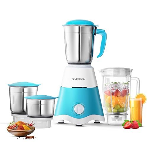 Longway Super Dlx 750 Watt Juicer Mixer Grinder with 4 Jars for Grinding, Mixing, Juicing with Powerful Motor | 2 Years Warranty | (White & Blue, 4 Jars)