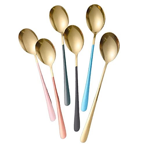 Mockery 6 Pack Ice Cream Coffee Spoons, Stainless Steel Dessert Spoons, Long Handle Spoons, For Home And Party, Gold (Color May Vary) ,20 Cm