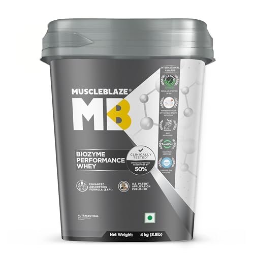 MuscleBlaze Biozyme Performance Whey Protein Powder, Chocolate Hazelnut (4kg / 8.8lbs) | 25g Protein Per Scoop | Clinically Tested 50% Higher Protein Absorption