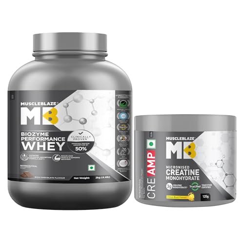 MuscleBlaze Biozyme Performance Whey Protein Powder, Rich Chocolate (2kg / 4.4lbs) & Micronised Creatine Monohydrate CreAMP Powder, Citrus Blast (30 Servings, 120g) | Pack of 2