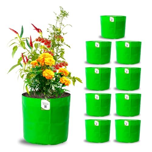 ORGANIC BAZAR 9x9 Grow Bags for Terrace Garden, Premium HDPE 260 GSM, UV-Protected, Green Plant Bags (Pack of 10)