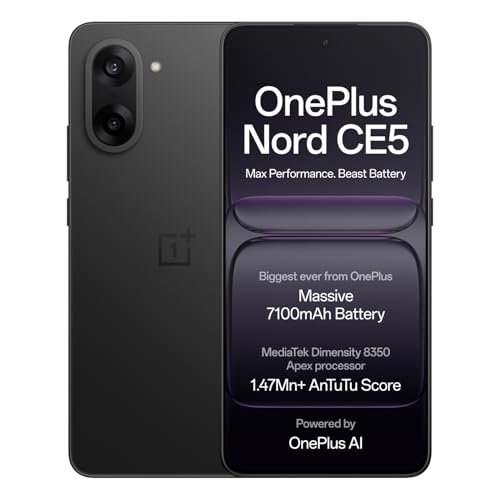 OnePlus Nord CE5 | Massive 7100mAh Battery | MediaTek Dimensity 8350 Apex | Powered by OnePlus AI | 8GB + 128GB | Black Infinity