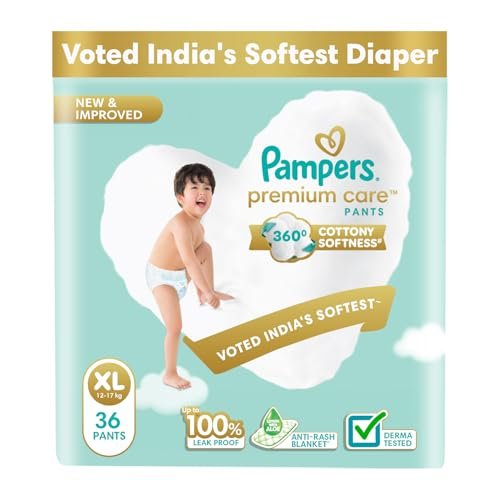 Pampers Premium Care Pant Style Baby Diapers | Extra-Large (XL size) | 36 Count | Voted India's Softest | All-in-1 with 360 Cottony Softness Diapers | 12-17kg
