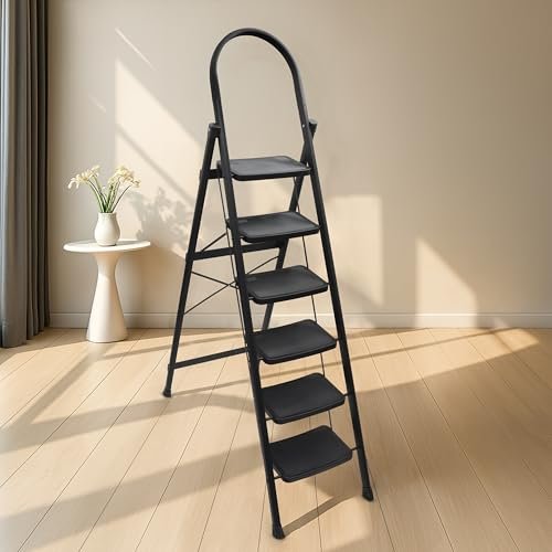 Plantex Hercules Pro 6-Step Foldable Ladder for Home with 150 kg Load Capacity/Heavy-Duty GI Steel Ladder/Anti-Slip Wide Step/Strong, Stable & Multi-Purpose (Black)