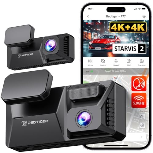 REDTIGER 4K+4K Dash Cam Front and Rear, Dual STARVIS 2 IMX678 Sensor, 5.8GHz WiFi APP Control Car Camera with Built-in 128GB, Voice Control, 4'' Touch Screen, HDR Night View, 24/7 Parking Mode(F77)