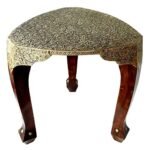 RSN 3 Legs Triangle Handcrafted and Handpainted Wooden Stool Cum Side Table with Brass Work - Brown & Gold Silver