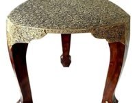 RSN 3 Legs Triangle Handcrafted and Handpainted Wooden Stool Cum Side Table with Brass Work - Brown & Gold Silver