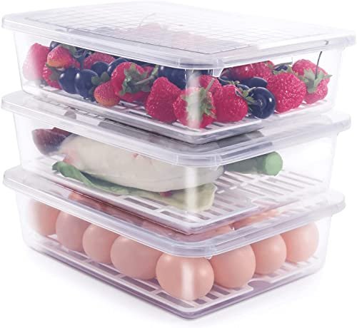 Raawan Fridge Storage Boxes(Pack of 4) Fridge Organizer with Removable Drain Plate & Lid,Stackable Portable Freezer Storage Containers Tray To Keep Fresh for Fish,Meat,Vegetables,Fruit(2500ml,Plastic)