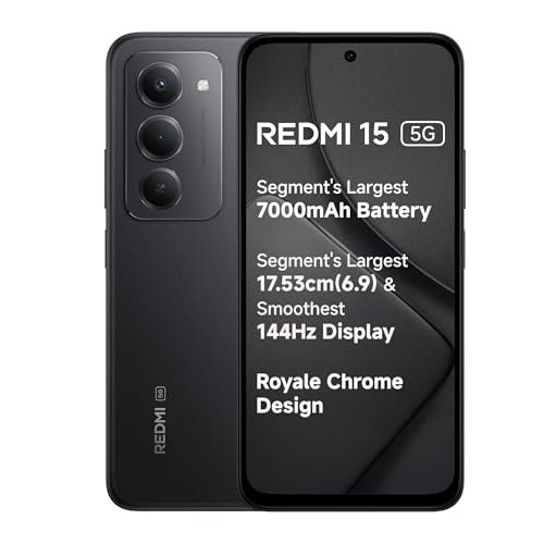 Redmi 15 5G Midnight Black 8GB + 256GB | Segment's Largest 7000mAhA Battery | Segment's Largest Display 17.53cm(6.9) Up to 144Hz | Snapdragon 6s Gen 3 | 18W Reverse Charging | 50MP AI Dual Camera
