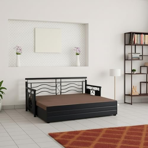 Royal Interiors 3 Seater Metal Sofa Cum Bed with Hydraulic Storage | Queen Size Sofa Cum Bed | 3 Seater Sofa Set | Space-Saving Design for Living Room and Guest Room (Matte Finish, Brown, Black)
