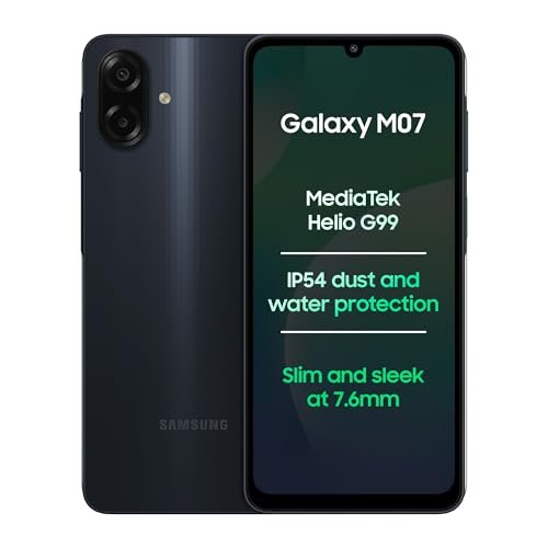 Samsung Galaxy M07 (Black, 4GB RAM, 64GB Storage) | MediaTek Helio G99 | IP54 Rating | 50MP Auto Focus Camera | 7.6mm Slim | 5000mAh Battery| 25W Fast Charging | 6 Gen of OS Upgrades | Without Charger