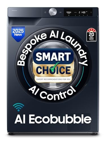 Samsung Smart Choice 9 kg, 5 Star, AI Control, AI Ecobubble, Super Speed, Wi-Fi, Hygiene Steam with Inbuilt Heater, Digital Inverter, Fully-Automatic Front Load Washing Machine (WW90DG6U24ASTL, NAVY)