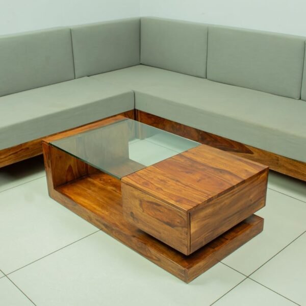 Sheesham Wood Coffee Table with Drawer Storage Wooden Tea Table with Glass for Living Room Home Office Furniture Solid Wood Teapoy (Honey Finish)