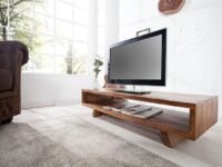 Solid Sheesham Wood Entertainment Tv Unit for Living Room | Free Standing Media Console Movable Tv Cabinet Sideboard | Tv Table Side Board with Open Shelf Storage | Stone Brown Finish