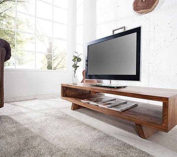 Solid Sheesham Wood Entertainment Tv Unit for Living Room | Free Standing Media Console Movable Tv Cabinet Sideboard | Tv Table Side Board with Open Shelf Storage | Stone Brown Finish