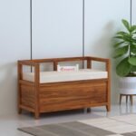 TG Furniture Solid Sheesham Wood Storage Bench with Cushion Seat | Wooden Entryway Bench with Backrest for Hallway, Living Room & Balcony | Multipurpose Seating Benches with Storage Box | Natural