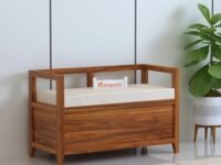 TG Furniture Solid Sheesham Wood Storage Bench with Cushion Seat | Wooden Entryway Bench with Backrest for Hallway, Living Room & Balcony | Multipurpose Seating Benches with Storage Box | Natural