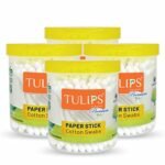 Tulips Premium Paper Stick Cotton Ear Buds (Pack Of 4) Pure & Soft Cotton, 100 Sticks/ 200 Tips Each Pack - White