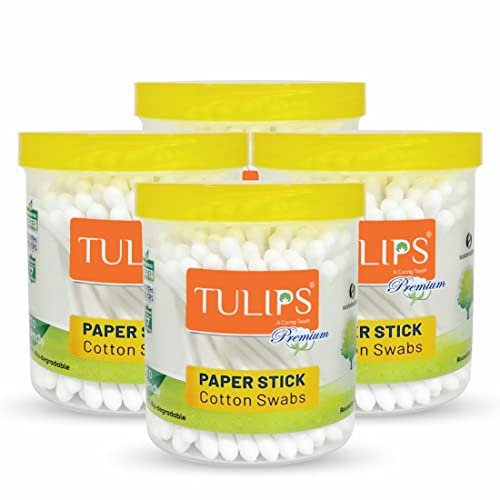 Tulips Premium Paper Stick Cotton Ear Buds (Pack Of 4) Pure & Soft Cotton, 100 Sticks/ 200 Tips Each Pack - White