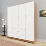 VIKI Wardrobe | Wooden Almirah for Clothes,Door for Bedroom, 4 Door Wardrobe with Drawer & Hanging Space (Brussel Walnut, Frosty White - 40D x 160W x 180H) | 1 Year Warranty | Free Assembly