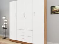 VIKI Wardrobe | Wooden Almirah for Clothes,Door for Bedroom, 4 Door Wardrobe with Drawer & Hanging Space (Brussel Walnut, Frosty White - 40D x 160W x 180H) | 1 Year Warranty | Free Assembly