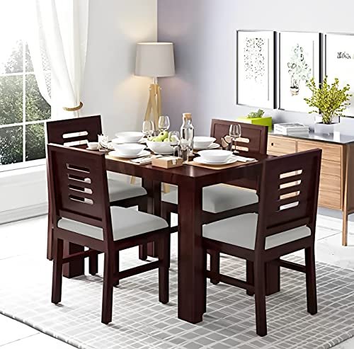 VK Furniture Solid Sheesham Wood 4 Seater Dining Table Set | Solid Wood Dining Table with Cushioned Chairs | Space Saving Wooden Dining Set for Home, Kitchen, Restaurant & Hotel (Chestnut Finish)