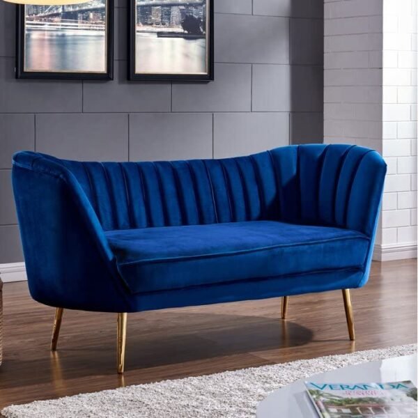 Velvet Couch for Living Room, Mid-Century Modern Chesterfield Sofa 2 Seater Couches Sleeper Sofa with Golden Metal Legs for Living Room Bedroom Office (Blue)