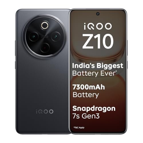 iQOO Z10 5G (Stellar Black, 8GB RAM, 256GB Storage) | India's Biggest Ever 7300 mAh Battery | Snapdragon 7s Gen 3 Processor | Brightest Quad Curved AMOLED Display in The Segment