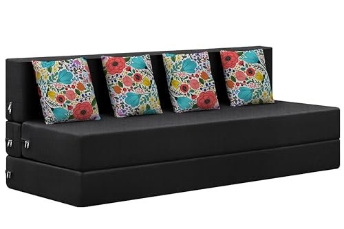 Rosebell Foldable Four Seater Sofa Cum Bed, Sofa Bed 6 X 6 Feet, Jute Fabric- Washable Cover- Including 4 Cushion Perfect for Home & Office for Guests(Black Color)