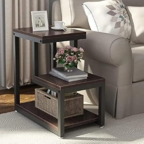 3-Tier Sofa Side Table, Nightstand with Storage Shelf, Sturdy Metal Frame, Ladder-Shaped Chair Side Table, Tabletop Storage Shelf for Living Room & Bedroom (Brown)