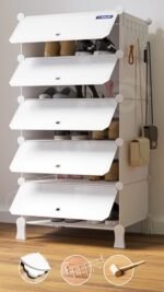 5 Shelf Shoe Rack Box Organizer with 5 Doors, Strong Magnets & 5 Hook Steel Holder for Home Storage, PP Plastic Cabinets with Metal Door Frame, Chappal Slipper Stand (White Rack, White Door)