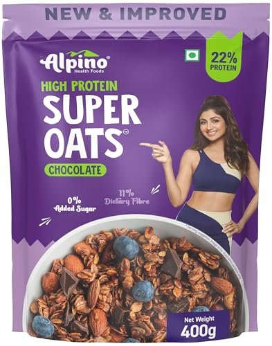 ALPINO 22% High Protein Super Oats Chocolate 400g – Rolled Oats, Natural Peanut Butter, Cocoa Powder, Nuts & Seeds – 22g Protein, Source of Dietary Fibre & Healthy Fats, No Added Sugar & Salt
