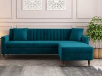 AMATA Elegant Solid Wood 4 Seater Ocean Blue Suede Velvet Sofa with Two Cushions Perfect for Home Office Guests Living Room (L Shape, Ocean Blue1)(3 Year Warranty)