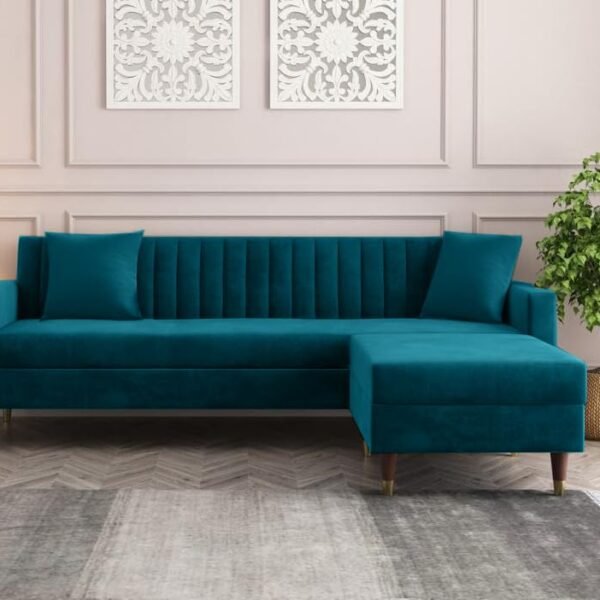 AMATA Elegant Solid Wood 4 Seater Ocean Blue Suede Velvet Sofa with Two Cushions Perfect for Home Office Guests Living Room (L Shape, Ocean Blue1)(3 Year Warranty)