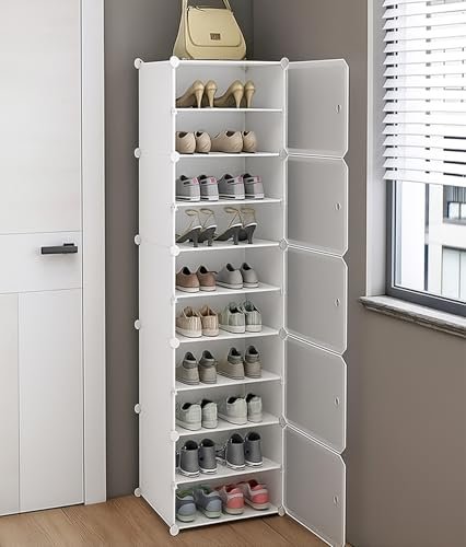 AYSIS Plastic Shoe Rack for Home | 𝟏𝟎 𝐒𝐡𝐞𝐥𝐟 DIY Shoe Rack with Door for Home Storage Plastic Box Organizer, Metal Door Frame, Chappal Slipper Sandals Stand (White, 10-Shelf-5-Door)