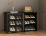 AYSIS Plastic Shoe Rack for Home | 𝟔 𝐒𝐡𝐞𝐥𝐟 DIY Shoe Rack with Door 𝐌𝐚𝐠𝐧𝐞𝐭𝐬 for Home Storage Plastic Box Organizer, Metal Door Frame, Chappal Slipper Sandals Stand (Black, 6-Shelf-2-Door)