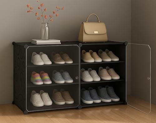 AYSIS Plastic Shoe Rack for Home | 𝟔 𝐒𝐡𝐞𝐥𝐟 DIY Shoe Rack with Door 𝐌𝐚𝐠𝐧𝐞𝐭𝐬 for Home Storage Plastic Box Organizer, Metal Door Frame, Chappal Slipper Sandals Stand (Black, 6-Shelf-2-Door)