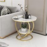 Al Hama Edeueque Decorative Accent Coffee Table - Simple Modern Bedside Cabinet Round Wooden Top and Metal Frame - Living Room Sofa Side Table (White Top and Gold Frame)
