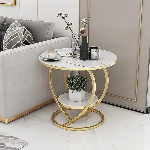 Al Hama Edeueque Decorative Accent Coffee Table - Simple Modern Bedside Cabinet Round Wooden Top and Metal Frame - Living Room Sofa Side Table (White Top and Gold Frame)