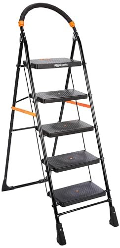Amazon Basics Clamber - Foldable Step Ladder, Safety-Clutch Lock, Ribbed Steps, Knee Guard, Non-Marring PVC Shoes, 5 Steps (Steel, Black & Orange)