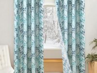 Amazon Brand - Solimo Polyester 75% Blackout Leaf Print Window Curtains|75% Room Darkening|5 Feet|Set of 2|Leaf Print Design|for Living Room Kids Room & Bedroom | Color- White & Blue| Light-Filtering