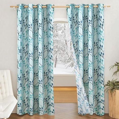 Amazon Brand - Solimo Polyester 75% Blackout Leaf Print Window Curtains|75% Room Darkening|5 Feet|Set of 2|Leaf Print Design|for Living Room Kids Room & Bedroom | Color- White & Blue| Light-Filtering