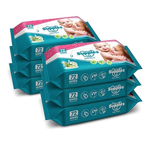 Amazon Brand - Supples Baby Wet Wipes | 432 Wipes | 72 Wipes x 6 Packs | Enriched With Aloe Vera and Vitamin E | Alcohol-Free and Paraben-Free | Pure Water-Based formulation