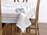 BLOCKS OF INDIA Cotton Hand Block/Batik Printed Rectangular Table Cloth for 6 Seater Dining Table (145 cm X 225 cm, Turquoise Grey Paisley, Pack of 1)