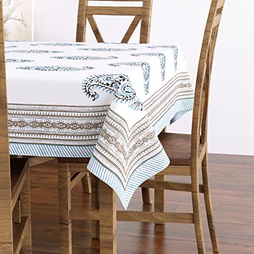 BLOCKS OF INDIA Cotton Hand Block/Batik Printed Rectangular Table Cloth for 6 Seater Dining Table (145 cm X 225 cm, Turquoise Grey Paisley, Pack of 1)