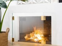 Barton 47" Inch Fireplace Screen 3-Panel Tempered Glass Guard Fence with Side Handle (47"x30"), Clear/Gold