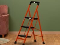 BonKaso Premium Steel Multipurpose Climb Easy Anti-Slip 3-Step Foldable Ladder with Safety Clutch Lock, Support Handle and Tool Tray for Home - (Orange & Black)