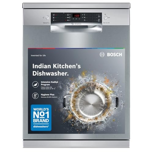 Bosch 14 Place Setting Dishwasher with Intensive Kadhai Program, 70⁰ Hot water wash, 3-Stage Adjustable Upper Rack, No Pre-Rinse (SMS46KI03I, Silver, Glass Protection Technology)